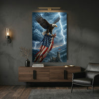 Majestic Bald Eagle & Tattered American Flag Stormy Sky Patriotic Canvas Print Wall Art - Mockup Display 6