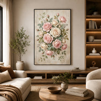 Romantic Pink Cream Roses Floral Oil Painting Style Canvas Print Wall Art Elegant Decor - Mockup Display 6