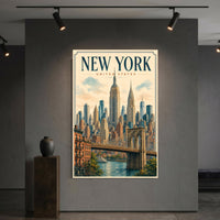 New York City Vintage Illustration Skyline Brooklyn Bridge Canvas Print Wall Art, Iconic - Mockup Display 5