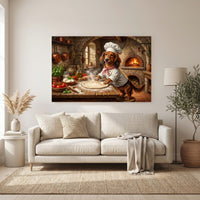Dachshund Chef Making Pizza Oil Painting Style Canvas Print Wall Art for Kitchen - Mockup Display 6