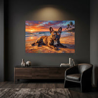 French Bulldog Sunset Beach Oil Painting Style Canvas Print Wall Art, Vibrant - Mockup Display 6