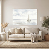 Serene Watercolor Sailboat Seascape Canvas Print Wall Art, Coastal Tranquility - Mockup Display 6