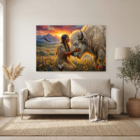 Native American Woman & White Bison Oil Painting Style Canvas Print Wall Art, Serene Landscape - Mockup Display 6