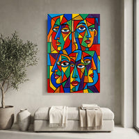 Geometric Faces Stretched Canvas Wall Art, Colorful Modern Portrait Print, Bold Living Room Decor