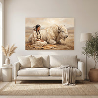 Native American Woman White Buffalo Oil Painting Style Canvas Print Wall Art, Serene Decor - Mockup Display 6