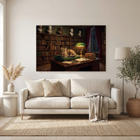 Tabby Cat in Scholarly Library Oil Painting Style Canvas Print Wall Art, Elegant Decor - Mockup Display 6