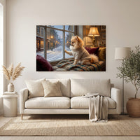 Pomeranian Stretched Canvas Wall Art, Snowy Window Dog Print, Cozy Living Room Decor