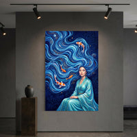 Elegant Woman with Flowing Water Hair Koi Fish Artistic Canvas Print Wall Art - Mockup Display 6