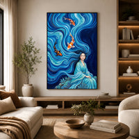 Mythical Woman Koi Fish Oil Painting Style Canvas Print Wall Art, Zen Decor - Mockup Display 6