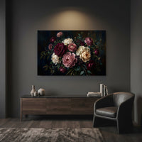 Dark Floral Bouquet Oil Painting Style Canvas Print Wall Art for Elegant Decor - Mockup Display 7