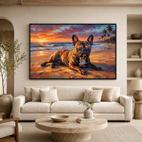 French Bulldog Sunset Beach Oil Painting Style Canvas Print Wall Art, Vibrant - Mockup Display 7