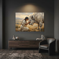 Native American Woman White Buffalo Oil Painting Style Canvas Print Wall Art, Spiritual Decor - Mockup Display 7