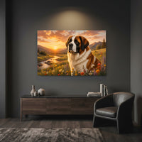 St. Bernard Dog Sunset Meadow Oil Painting Style Canvas Print Wall Art, Golden Hour - Mockup Display 7