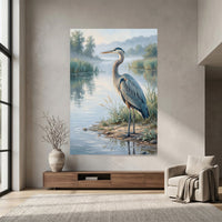 Great Blue Heron Oil Painting Style Canvas Print Wall Art, Serene Waterside Decor - Mockup Display 7