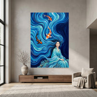 Mythical Woman Koi Fish Oil Painting Style Canvas Print Wall Art, Zen Decor - Mockup Display 7
