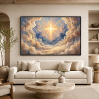 Radiant Cross in Divine Clouds Oil Painting Style Canvas Print Wall Art, Spiritual Decor - Mockup Display 7