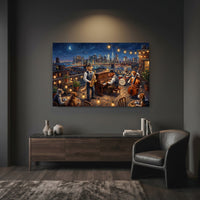Rooftop Jazz Dogs NYC Skyline Oil Painting Style Canvas Print Wall Art for Urban Decor - Mockup Display 7
