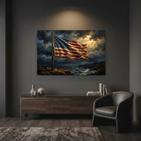American Flag Coastal Canvas Wall Art, Dramatic Patriotic Seascape Print, Rustic Living Room Decor
