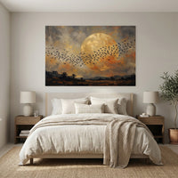 Flock of Birds Full Moon Landscape Oil Painting Style Canvas Print Wall Art for Home - Mockup Display 7