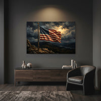 American Flag Mountain Canvas Wall Art, Dramatic Patriotic Landscape Print, Rustic Living Room Decor