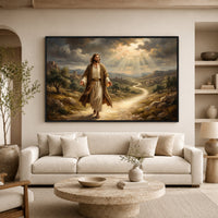 Jesus Walking Path Oil Painting Style Canvas Print Wall Art, Divine Light - Mockup Display 7