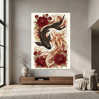 Yin Yang Koi Fish Peony Japanese Art Style Canvas Print Wall Art, Elegant Decor - Mockup Display 7