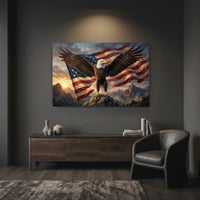Bald Eagle Stretched Canvas Wall Art, American Flag Wildlife Print, Patriotic Statement Decor