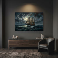 Majestic Three-Masted Ship Moonlight Oil Painting Style Canvas Print Wall Art - Mockup Display 7