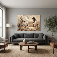 Native American Woman & White Bison Oil Painting Style Canvas Print Wall Art, Majestic - Mockup Display 7
