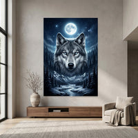 Mystical Blue-Eyed Wolf & Winter Moonlight Forest Canvas Print Wall Art Decor - Mockup Display 7