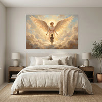 Serene Angel and Child Oil Painting Style Canvas Print Wall Art, Inspiring Divine Glow - Mockup Display 7