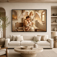 Religious Mother Child and Guardian Angel Oil Painting Style Canvas Print Wall Art - Mockup Display 7