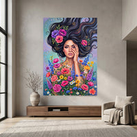 Vibrant Boho Woman & Flowers Canvas Print Wall Art, Expressive Modern Decor - Mockup Display 7