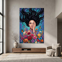 Vibrant Woman with Flowing Hair and Flowers Canvas Print Wall Art, Enchanting Decor - Mockup Display 7