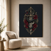 Gothic Snake & Skull Sword with Red Roses Illustrative Canvas Print Wall Art, Dark Fantasy Decor - Mockup Display 7