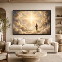Jesus Walking on Clouds Oil Painting Style Canvas Print Wall Art, Spiritual Light - Mockup Display 7