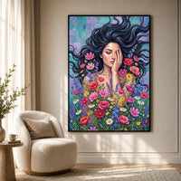 Woman in Wildflowers Oil Painting Style Canvas Print Wall Art with Vibrant Hues - Mockup Display 7