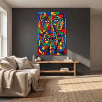 Geometric Faces Stretched Canvas Wall Art, Colorful Modern Portrait Print, Bold Living Room Decor