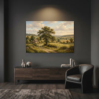 Countryside Landscape Stretched Canvas Wall Art, Cottage Meadow Print, Classic Living Room Decor