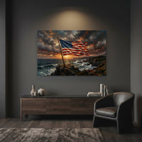 Patriotic American Flag Coastal Sunset Oil Painting Style Canvas Print Wall Art Decor - Mockup Display 7