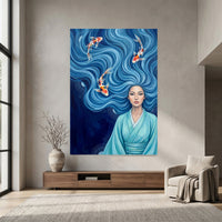Serene Asian Woman with Flowing Blue Hair & Koi Fish Canvas Print Wall Art - Mockup Display 7