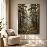 Misty Pine Forest Pathway Oil Painting Style Canvas Print Wall Art, Serene Decor - Mockup Display 7