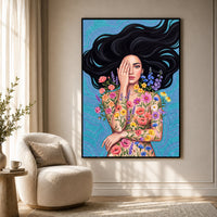 Enchanting Floral Woman Illustration Canvas Print Wall Art, Serene Beauty - Mockup Display 7