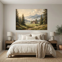 Misty Mountain Valley Cabin Oil Painting Style Canvas Print Wall Art Scenic Decor - Mockup Display 7