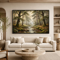 Serene Misty Forest Stream Realistic Canvas Print Wall Art, Nature Landscape Decor - Mockup Display 7