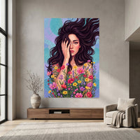 Dynamic Woman Floral Portrait Oil Painting Style Canvas Print Wall Art, Elegant - Mockup Display 7