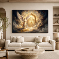 Radiant Angel at Golden Gates Divine Fantasy Canvas Print Wall Art, Heavenly Decor - Mockup Display 7