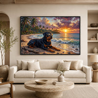 Rottweiler Dog Tropical Beach Sunset Oil Painting Style Canvas Print Wall Art Décor - Mockup Display 7