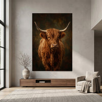 Majestic Highland Cow Portrait Oil Painting Style Canvas Print Wall Art, Rustic Farmhouse Decor - Mockup Display 7