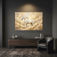 White Horse Galloping Oil Painting Style Canvas Print Wall Art, Golden Clouds - Mockup Display 7